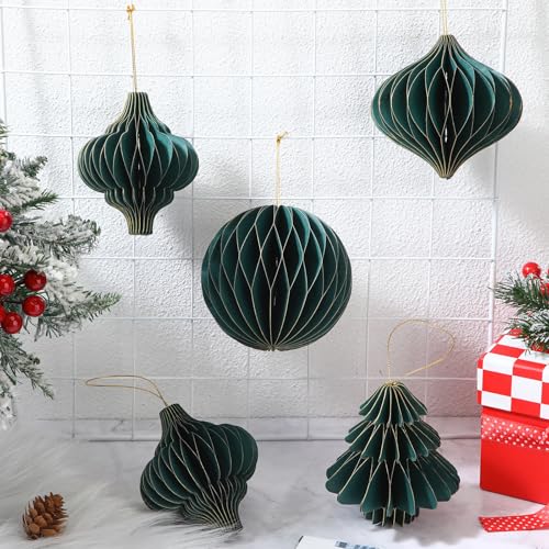 Namalu 12 bolas de adorno de panal con borde brillante, decoración de árbol de Navidad, adorno de papel colgante para árbol de Navidad vintage, decoración de fiesta en el hogar (verde)