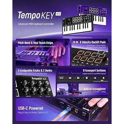 Synido 25 Key USB MIDI Keyboard Controller with 8 Drum Pads, Professional Mini Midi Keyboard with OLED Screen, Beat Maker Machine for Music Production, Black, TempoKey K25