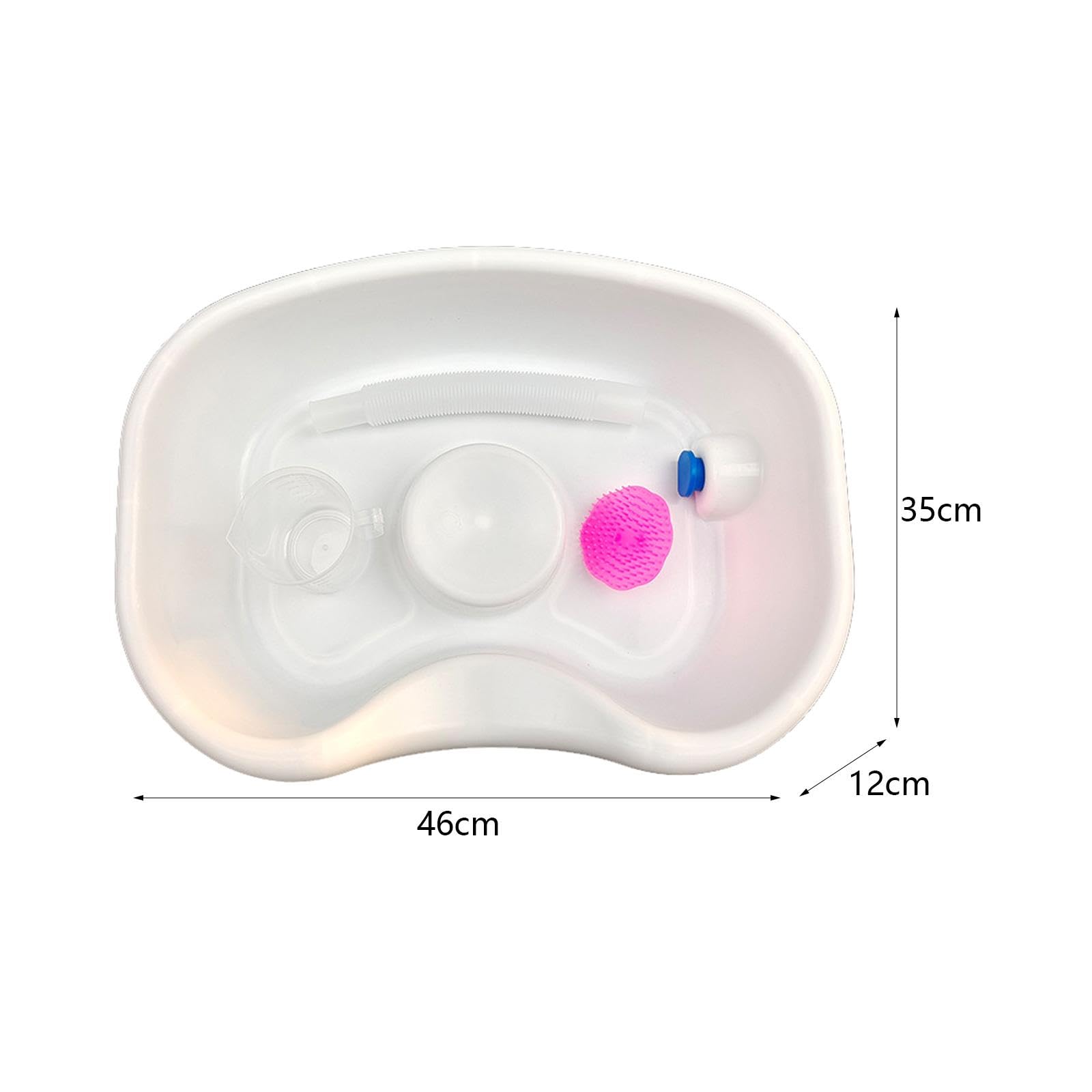 Bol de limpieza de pelo con lavabo de enjuague para ancianos y niños, bandeja de champú portátil con taza, cepillo y tubo de agua telescópico, color blanco