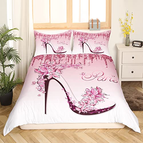 Woman Pink Bedding Set King Size,Flowers Butterfly High Heels Duvet Cover For Kids Girls Home Decor,Fantasy Glitter Comforter Cover Romantic Paris Quilt Cover,2 Pillowcases,Valentine Day Gifts #TOP1
