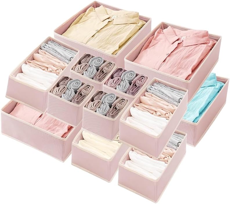 12-Piece Pink Fabric Drawer Organiser Set - Foldable Storage Boxes for Clothes, Underwear, Socks, Bras, Scarves & Makeup | Wardrobe, Bedroom & Closet Organisation