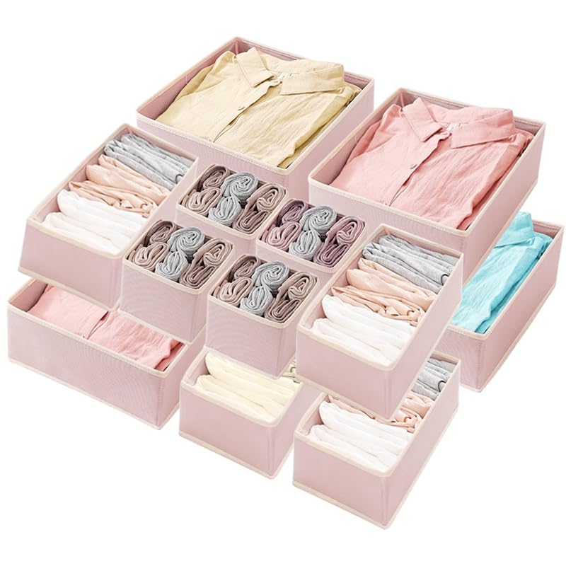12-Piece Pink Fabric Drawer Organiser Set - Foldable Storage Boxes for Clothes, Underwear, Socks, Bras, Scarves & Makeup | Wardrobe, Bedroom & Closet Organisation