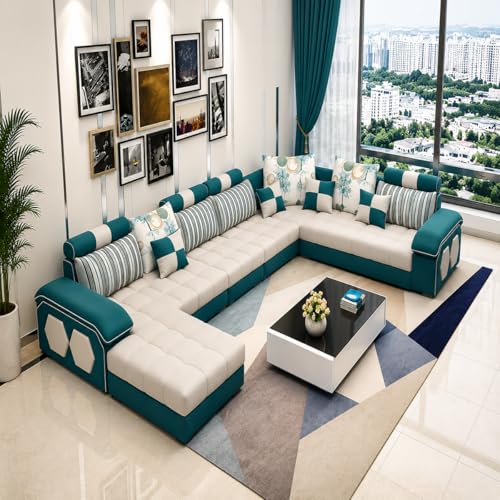 Image of Torque - Silvester 12 Seater U Shaped Sofa for Living Room (Left Side, Sky Blue & Cream) | Large 12-Seater Couch Set with Cushion and Stool | Fabric Sofa for Hall Festival Gifts
