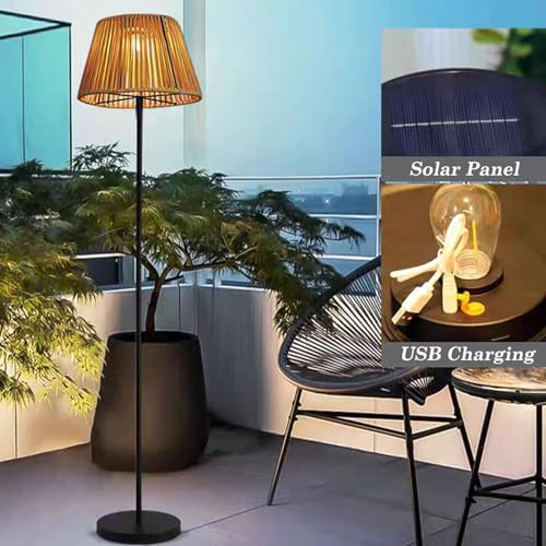 Solar-Stehlampe, wasserdichte kabellose Außenleuchte mit USB-Aufladung, langlebige Rattan-Terrassenlampe für Garten, Veranda & Hofdekoration, warme Beleuchtung für Entspannung