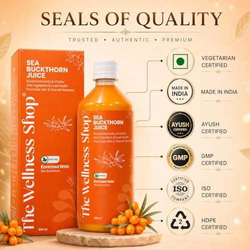 Image of The Wellness Shop Himalayan Sea Buckthorn Juice 500ml x3 | Cold Pressed Seabuckthorn Berry Pulp Concentrate with Natural Vitamin C Omega 3 6 7 9, Antioxidants | Supports Immunity Skin Glow Gut Health