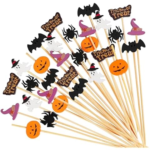 Halloween Cocktail Picks - 100 Counts Witch Hat Ghost Pumpkin Spider Bat Decorative Toothpicks for Appetizers, 4.7 inch Long Bamboo Skewers Wooden Sticks for Fruit, Fancy Halloween Party Decorations Cover