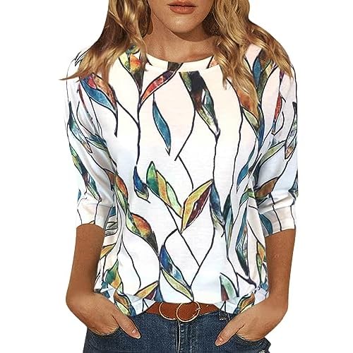 Womens Tops 3/4 Sleeve Shirts Round Neck Loose Casual Blouses Floral Print Tshirts