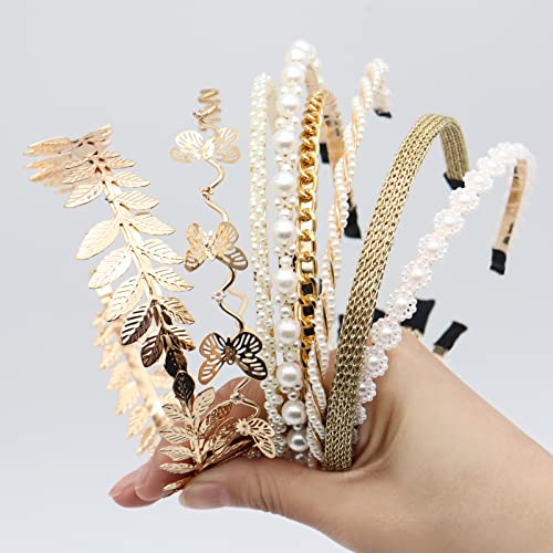 8 Pcs Headbands For Women Girls, Gold Pearls Headband Metal Butterfly Flower Head Bands, Bridal Wedding Hair Accessories For Women #TOP3