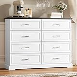 Thacuok 8 Drawer Dresser for Bedroom, 53' Wide Wooden Chest of Drawers, Rustic Farmhouse Dresser with Large Drawers & Metal Handles, Modern Storage Organizer for Closet, Living Room, Hallway, White