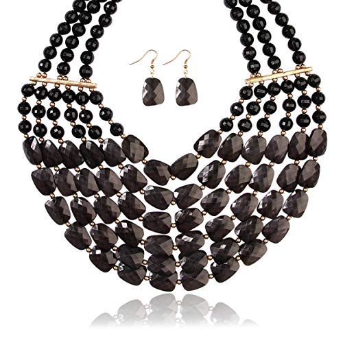 RIAH FASHION Popular Faceted Acrylic Jewel Bead Statement Necklace Set - Bold Multi-Layered Beaded Bib Collar for Women (Black)