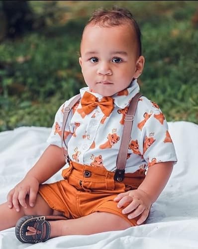 Rei Leão Kit Roupa Conjunto Infantil Menino 4 Peças Camisa Gravata Bermuda e Suspensório Aniversário
