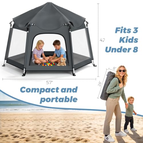 Image of Foldable Baby Playpen with Canopy: Durable 450D Oxford & Aluminum, Gray | Pop-Up Play Tent, Easy Setup, UPF50 Sun Protection, Lightweight, Mosquito Net, for Beach Travel Outside Indoor, for Kid & Pet