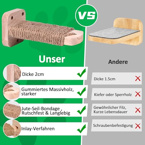 SIYUNTECH® Katzentreppe Wand(1pcs), Kletterwand Katzen, Wandliege Katzen, mit Einlage-Handwerkskunst, aus 2cm Massives Gummiholz, für Katze Klettern Spielen, Maximale Tragfähigkeit 35kg