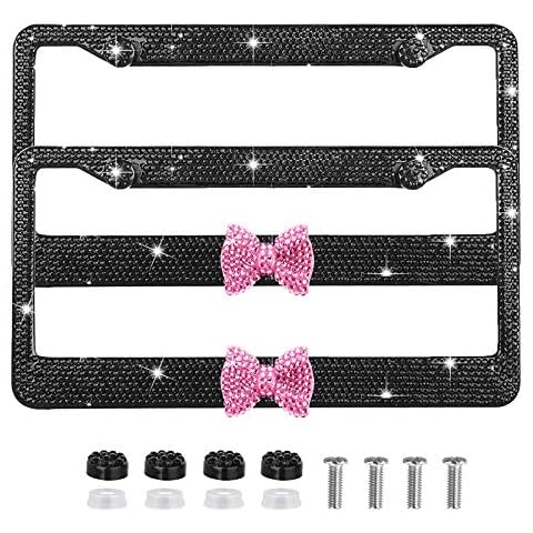 Bling Bling License Plate Frames 2 Pack Pink Bow - Handmade Waterproof Glitter Rhinestones Crystal Plate Frames for Cars with 2 Holes Screws Caps Set Cover