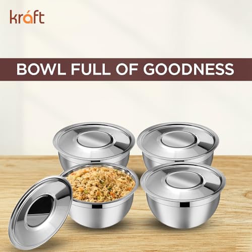 Image of Vinod Kraft Stainless Steel Serving Bowl with Lid Set of 4 pcs - 18cm | Mixing Steel Big Bowl | Salad, Fruit, Desert, katori Set | Matt Finish, Food Grade | 2 Year Warranty - Silver