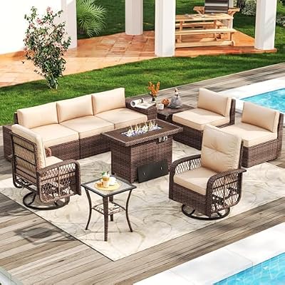 Aoxun 10 Pieces Patio Furniture Set Wicker Rattan Outdoor Furniture with Fire Pit Table Patio Sectional Sofa with Swivel Rocking Chairs for Deck, Backyard and Garden (10 Piece, Beige)