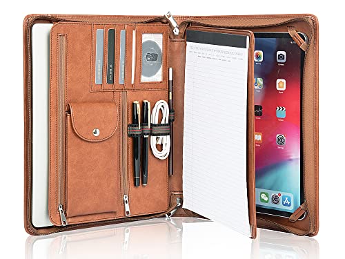 Calfinder Porte-documents A4, porte-documents avec poche extérieure, fermeture éclair, porte-documents avec porte-bloc, marron, cadeau pour hommes/fils, tablette pour iPad Pro 10.5 Cover