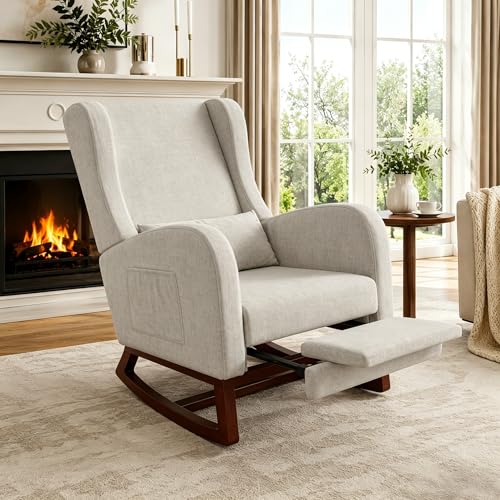 HYNHXBP Silla Mecedora con reposabrazos y Bolsillos Laterales, Patas de Madera Maciza, Silla de relajación para Lactancia, Adecuada para Sala de Estar y Dormitorio, con cojín Acolchado (Gris)