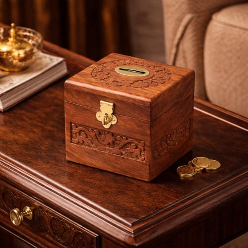 Image of Wooden Money Bank for Kids Natural Wood Coin Saving Box Square Shape 4x4x4 inch Childrens Piggy Bank Gift Idea for Boys and Girls. with Lock