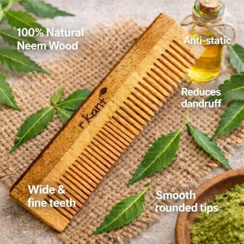 Image of R.Kant Neem Wood Comb for Women & Men | Dual Teeth Wooden Hair Comb | Wide & Fine Tooth Detangling Shampoo Comb | Anti-Static | Smooth Rounded Teeth | Gentle Scalp Massage | Natural Wooden Comb | 1 Piece