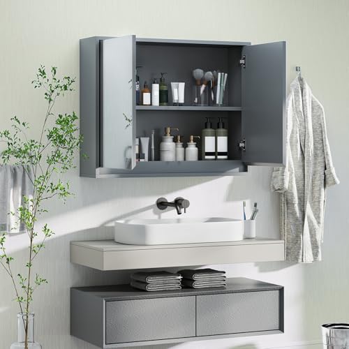 COSTWAY Bathroom Mirror Cabinet, Wall Mounted Storage Cupboard with Shelf, Home Kitchen Living Room Display Organiser Unit (Smaller Double Door, Grey) - Cosy Home Interiors COSTWAY Bathroom Mirror Cabinet, Wall Mounted Storage Cupboard with Shelf, Home Kitchen Living Room Display Organiser Unit (Smaller Double Door, Grey) - Image 6