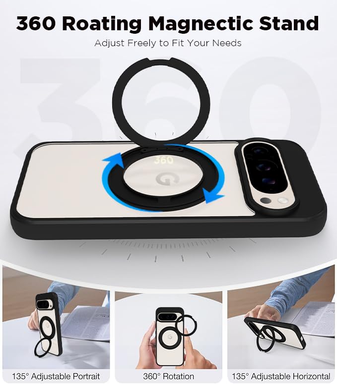 Image of RIGGEAR Shockproof Sleek Hybrid Armor 360 Rotating Magnetic Ring Stand Back Cover Case Compatible with MagSafe Accessories for Google Pixel 9 / Pixel 9 Pro (Clear PC + Black TPU Bumper)