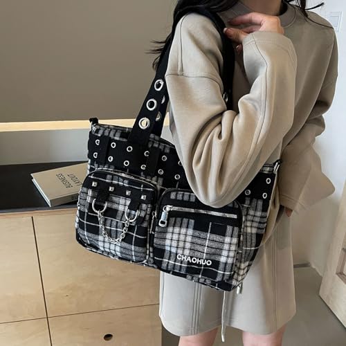 Y2k Plaid Messenger Bag Casual Crossbody Bag Handbag Travel Daypacks4