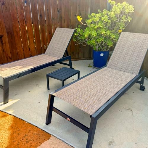 Image of PURPLE LEAF Patio Chaise Lounge Set 2 Pieces Textilene Pool Lounge Chairs with Wheels Sunbathing Chair for Outdoor Yard (2 Camel Lounges W /Side Table)
