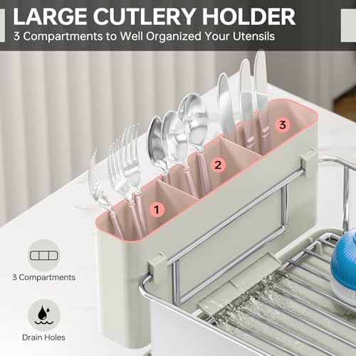Image of Stainless Steel Dish Drying Rack - Large Capcity 304 Grade Dish Drainer for Kitchen Counter with Drain Board, Utensil Holder & Detachable Cup Shelf, Rustproof Multifunctional Organizer, Light Green