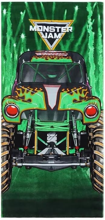 Monster Jam Grave Digger Beach Towel 28 x 58 Inches, 100% Cotton Bath & Pool Towel for Kids, Green Monster Truck Design