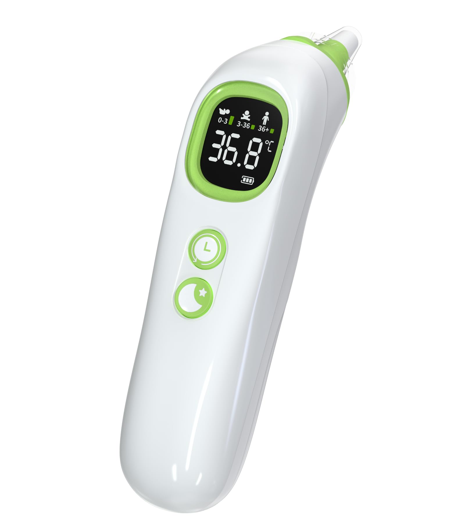 Fieberthermometer Ohr mit vorgewärmter Sonde, verstellbarer Komfort-Spitze, Alters-Temperaturführung, Nachtlicht & Speicher - Baby & Erwachsene
