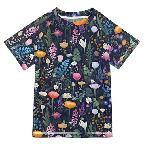 ALAZA Kids Rash Guard Girls Toddler Swim Shirts Short Sleeve Wild Flowers Black UPF 50+ 3T