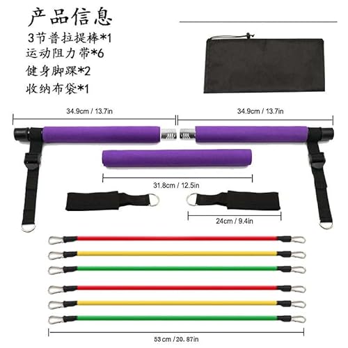 Kit de barra de pilates portátil com faixas de resistência, tiras no tornozelo e bolsa de transporte