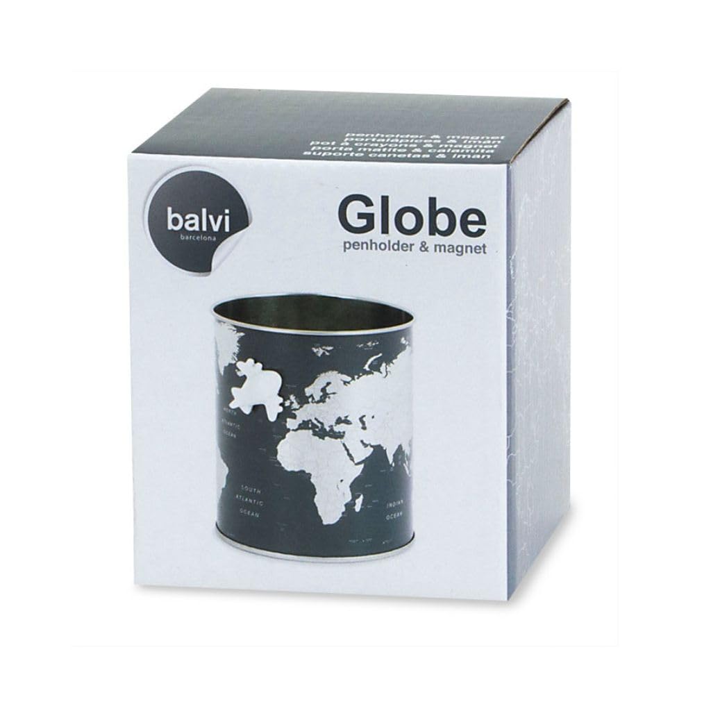 Balvi Globe Pencil Pot - Grey World Map, Includes Small Magnetic Airplane - Pewter - 10 x 8.5 x 8