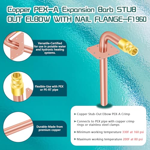 Image of Boltigen 5PCS PEX Expansion, Cooper 1 /2 inch Pex Copper Stub Out With Wall Flange, F1960 (3 1 /2 inch x 6 inch Length)