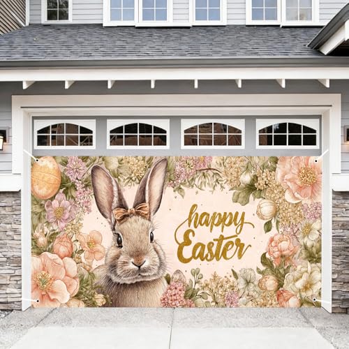 Image of Easter Garage Door Cover 157.48 x 70.87 Inch Floral Frame Cute Bunny Happy Easter Text Elegant Spring Illustration Outdoor Garage Decor Seasonal Family Celebration Spring Yard Display