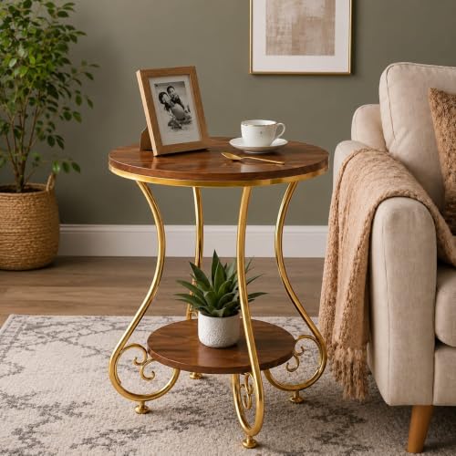 Image of Modern Double-Top Coffee Table with Rustic Farmhouse Accent, Multipurpose Living Room Bedroom, Two-Tier Small Sofa Side Bedside Table with Metal Frame Nightstand (Gold Brown)