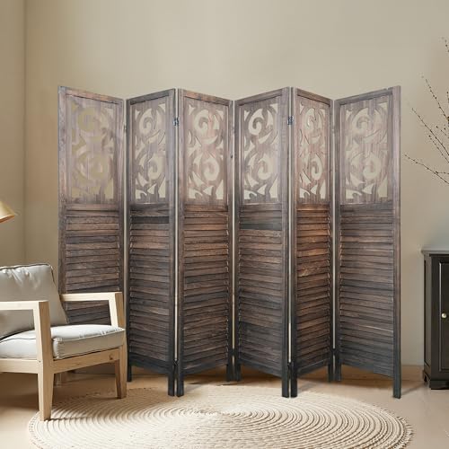 Lyngins Room Divider 6 Panel Wood Carved Room Dividers 5.6FT Hollow Carving Screen, Folding Privacy Screens Portable Freestanding Partition Wall Divider for Bedroom, Bathroom, Office, Rustic Brown