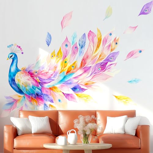 VePret Peacock Wall Decals Peel and Stick, Colorful Watercolor Feather Bird Wall Stickers, Removable Vinyl Wall Home Decor Murals for Bedroom Living Room Girls Nursery Bathroom Office Home