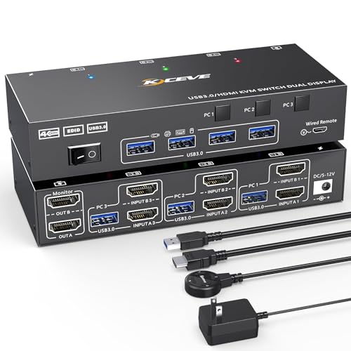 HDMI KVM Switch Dual Monitor 3 Computers Support 4K@60Hz USB 3.0 KVM Switches Share Dual Monitors and 4 USB 3.0 Ports Support Extended/Copy Mode with DC 12V Adapter&Wired Controller