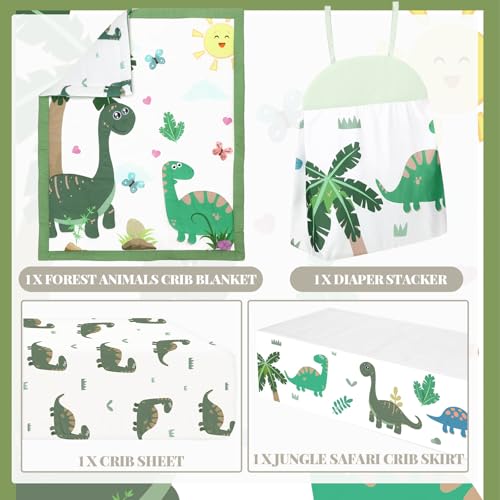 Image of Oudain 4 Piece Dinosaurs Crib Bedding Set Including Green Blue Dinosaurs Crib Skirt, Blanket, Sheet and Diaper Stacker, Soft Nursery Standard Size Baby Bedding for Baby Girls and Boys