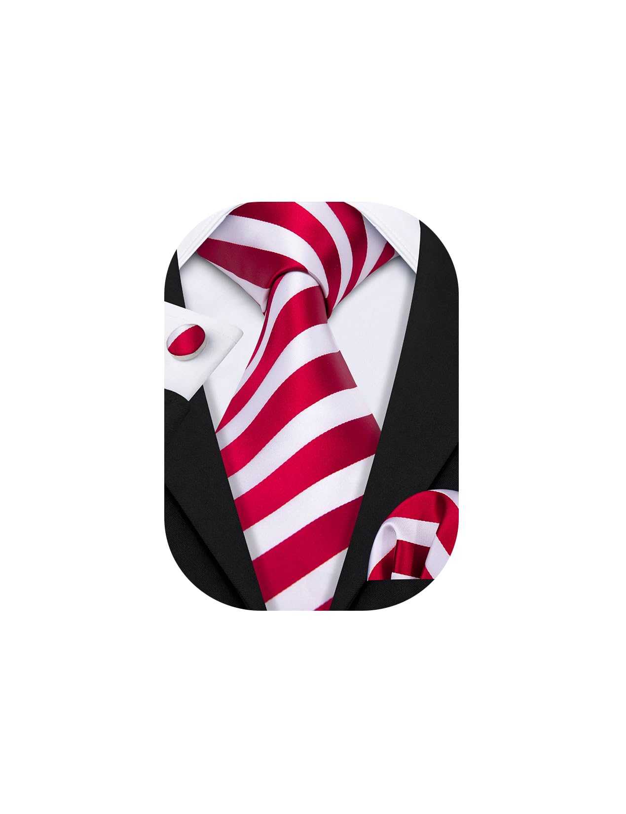 Barry.wang Men's Red And White Red White Ties For Silk Striped Necktie Pocket Square Cufflinks Set Wedding Business Party