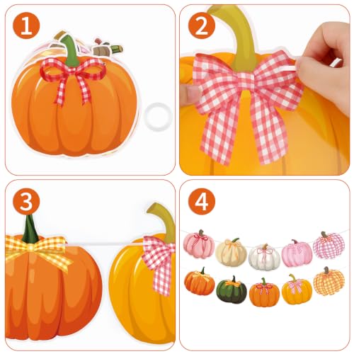 Image of Bow Pumpkin Banner Fall Thanksgiving Pumpkin Party Banner Garland Sign | Orange Pink Fall Autumn Birthday Party Thanksgiving Home Fireplace Mantel Decor