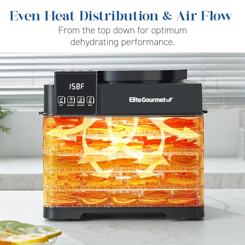 Image of Elite Gourmet EFD422 Digital Food Dehydrator with 5 BPA Free Trays, Top Mounted Fan & Heater, Adjustable Timer and Temperature Controls, Jerky, Herbs, Fruit, Veggies, Snacks, Black