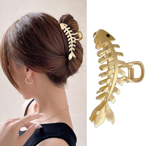 Alloy Fishbone Metal Hair Clips Claw - 1Pcs Non-Slip Strong Hold Grip Hair Jaw Clip for Thin and Thick Hair Accessories (Gold)