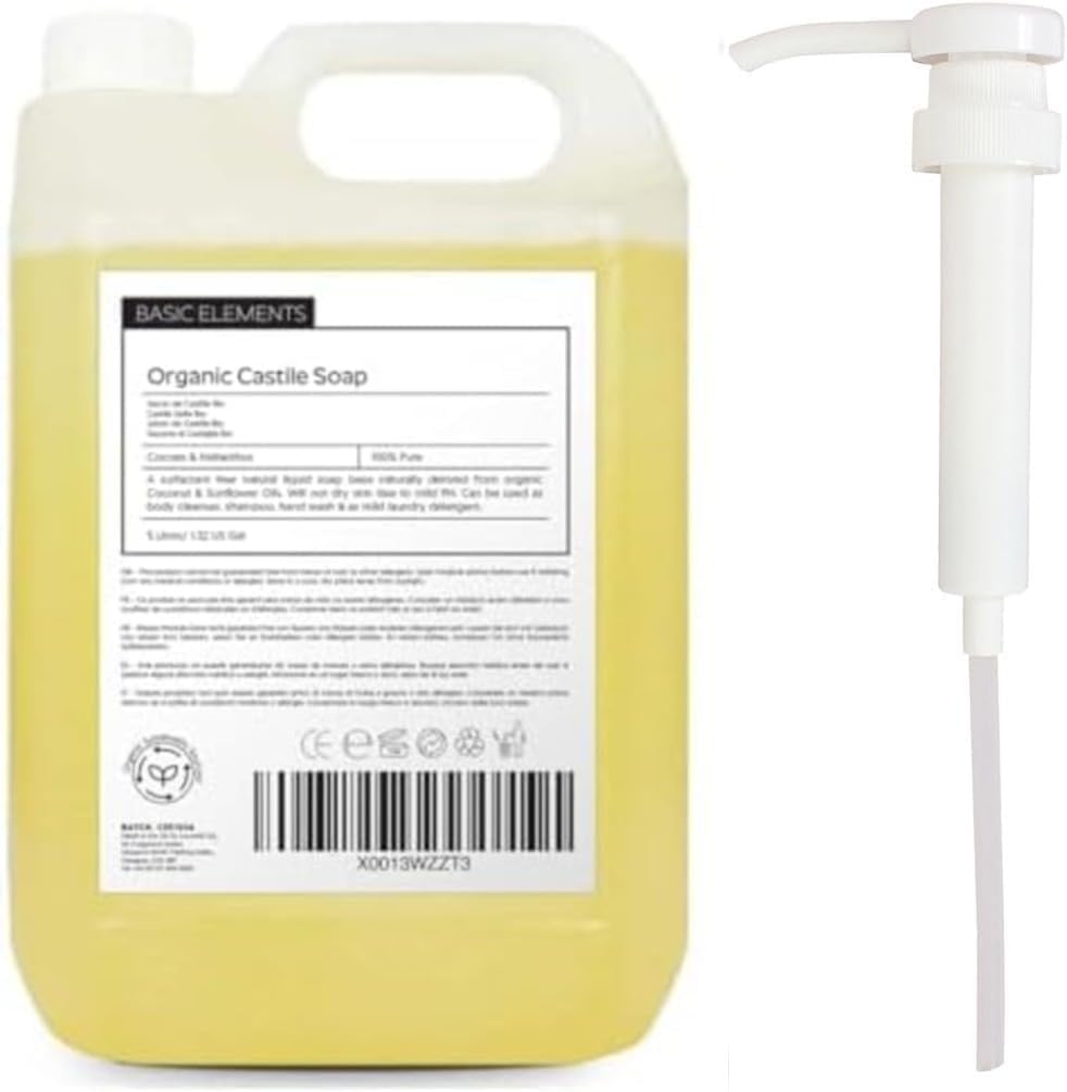 – Basic Elements Organic Castile Soap | 5 Litre | 100% Pure & Natural Liquid Soap Base | Unscented & SLS Free | Ideal for Face, Body, Hands, Pets & Cleaning | Vegan & Biodegradable