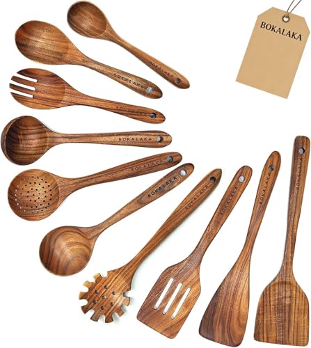 Wooden Spoons for Cooking,10 Pcs Natural Teak...