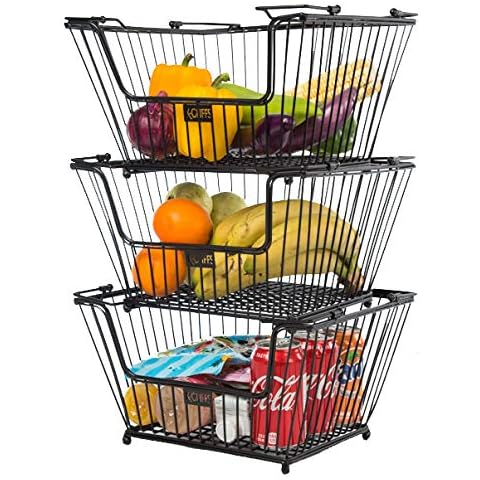 Wire Metal Basket Kitchen Stackable Storage Bin Baskets Cubby Bins for Grocery Food Home Store Market Snack Fruit Toys Vegetable Potato Onion Laundry Room Office Pantry Farmhouse Black 3pcs Set Cover