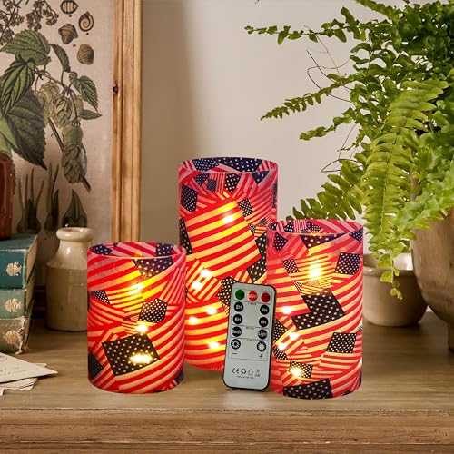 Image of Patriotic Flickering Flameless Candles Stars and Stripes US Flag, Embedded Star String Lights, Battery Operated Acrylic LED Pillar Candles with 11-Key Remote and Timer for Home Decoration, 3 Pack
