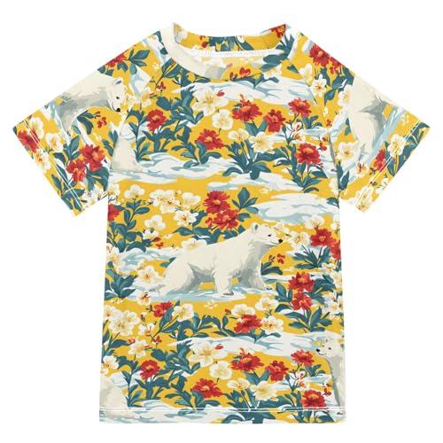 ALAZA Boys Swim Shirts Toddler Rash Guard Short Sleeve Rashguard Bear Flower Print UPF 50+ 11-12T